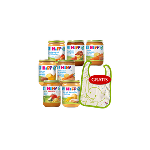 HiPP Bio Babygläschen-Set mit verschiedenen herzhaften Menüs und gratis Lätzchen mit Elefantenmotiv auf schwarzem Hintergrund
