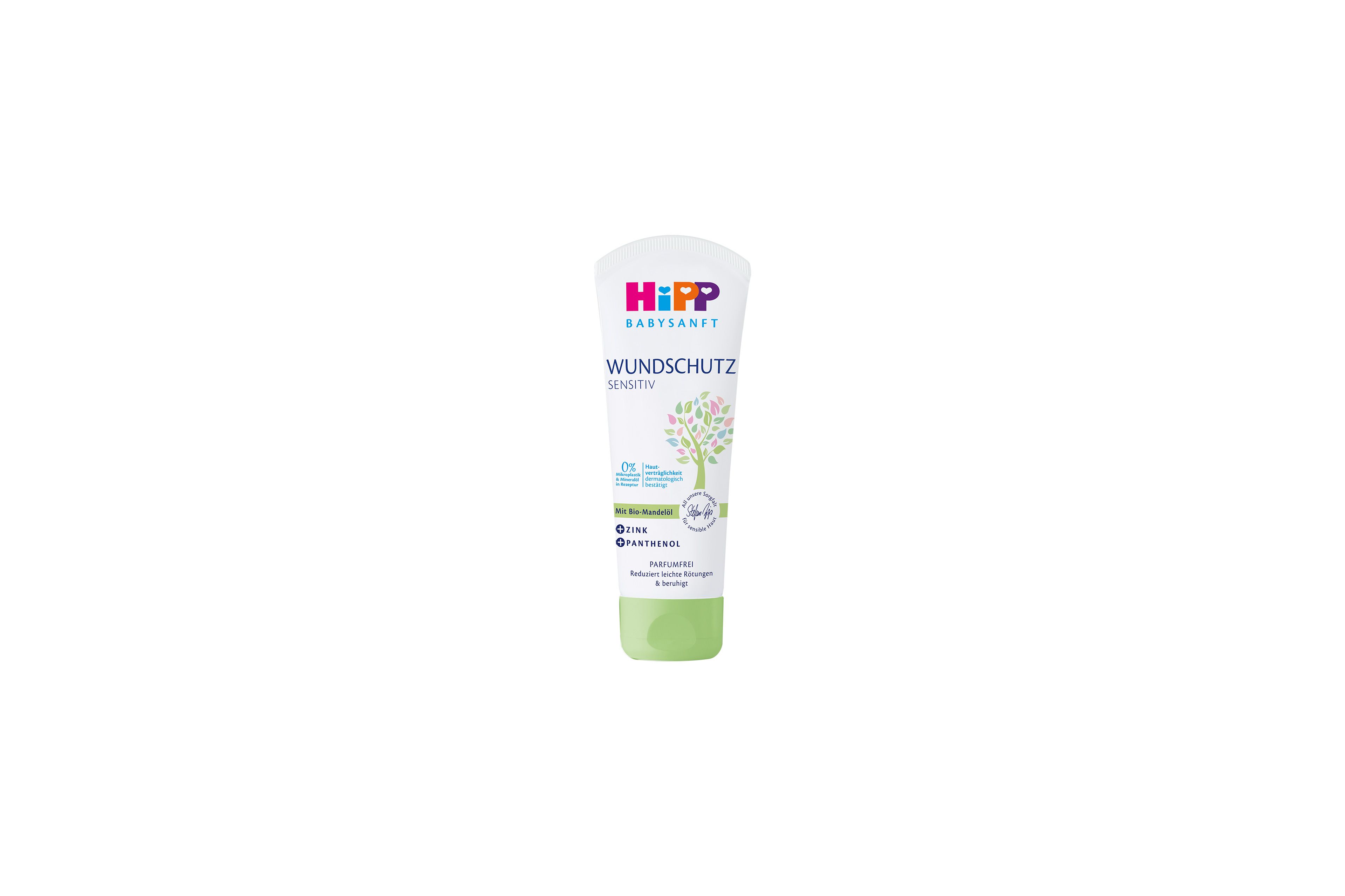 Ein Produkt mit der Bezeichnung "Hipp Babysanft Wundschutz Sensitiv", das eine empfindungsfreundliche Wundschutzcreme ist.
