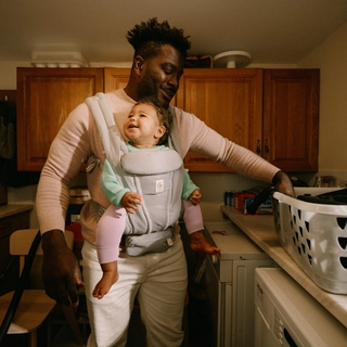 Dad babywearing whilst doing laundry