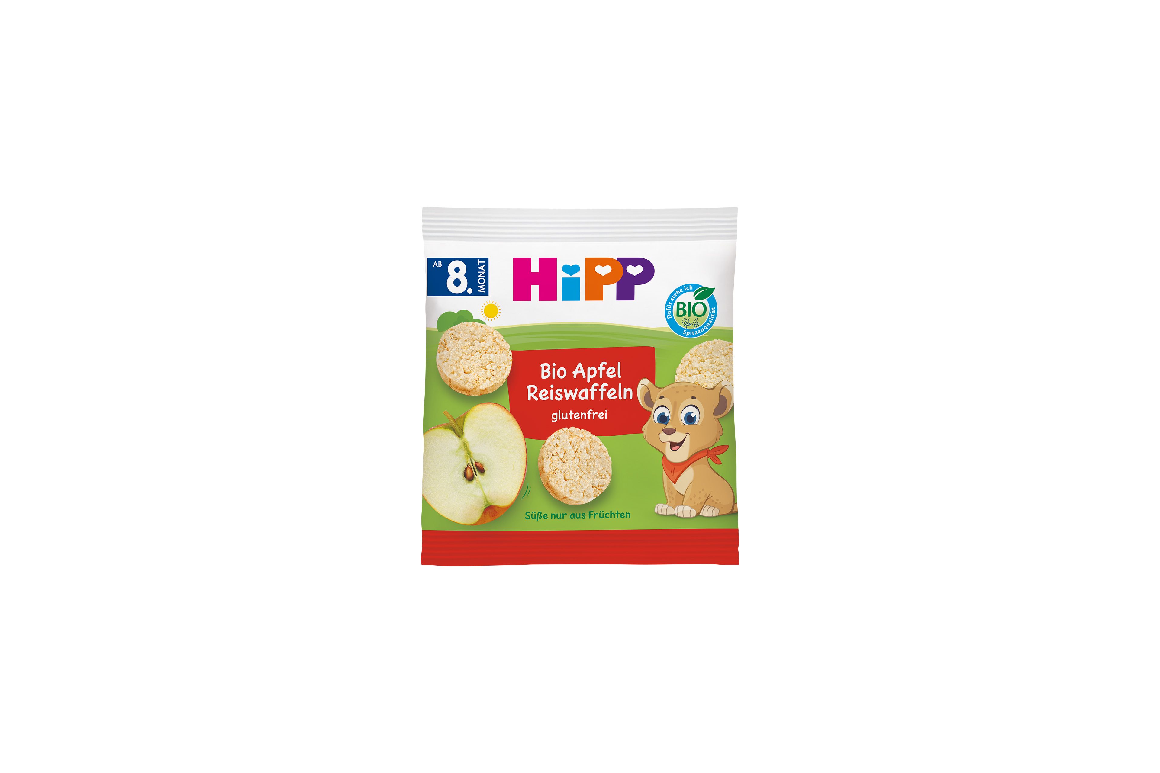 HiPP Bio Apfel Reiswaffeln Packung mit Reiswaffeln, Apfelscheiben und Baby-Tierfigur, glutenfrei, ab 8. Monat