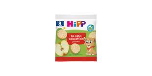 HiPP Bio Apfel Reiswaffeln Packung mit Reiswaffeln, Apfelscheiben und Baby-Tierfigur, glutenfrei, ab 8. Monat