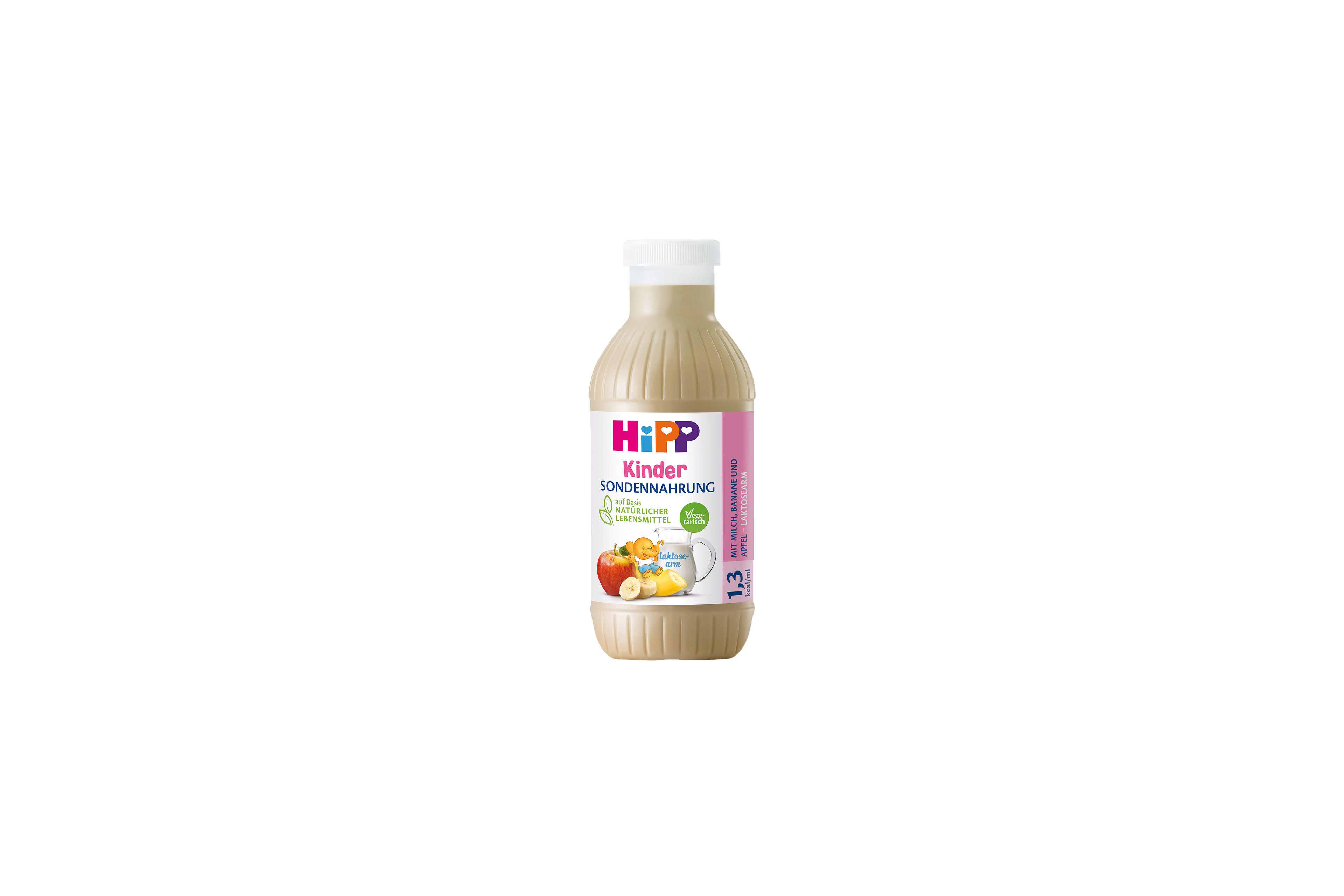 HiPP Kinder Sondennahrung Flasche 1,3 kcal/ml mit Milch, Banane und Apfel auf weißem Hintergrund