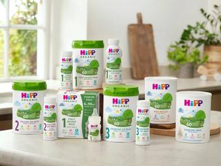 HiPP Organic Formula Milk range on a kitchen worktop