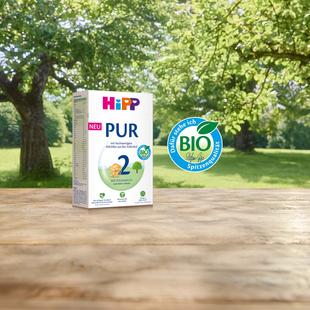 Packung HiPP PUR Bio-Babynahrung mit grünem Bio-Siegel auf Holztisch vor Bäumen im Hintergrund