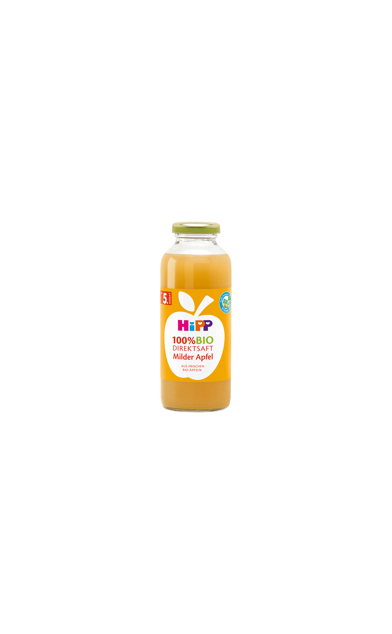 Flasche HiPP 100% Bio Direktsaft Milder Apfel für Babys, frontal vor weißem Hintergrund