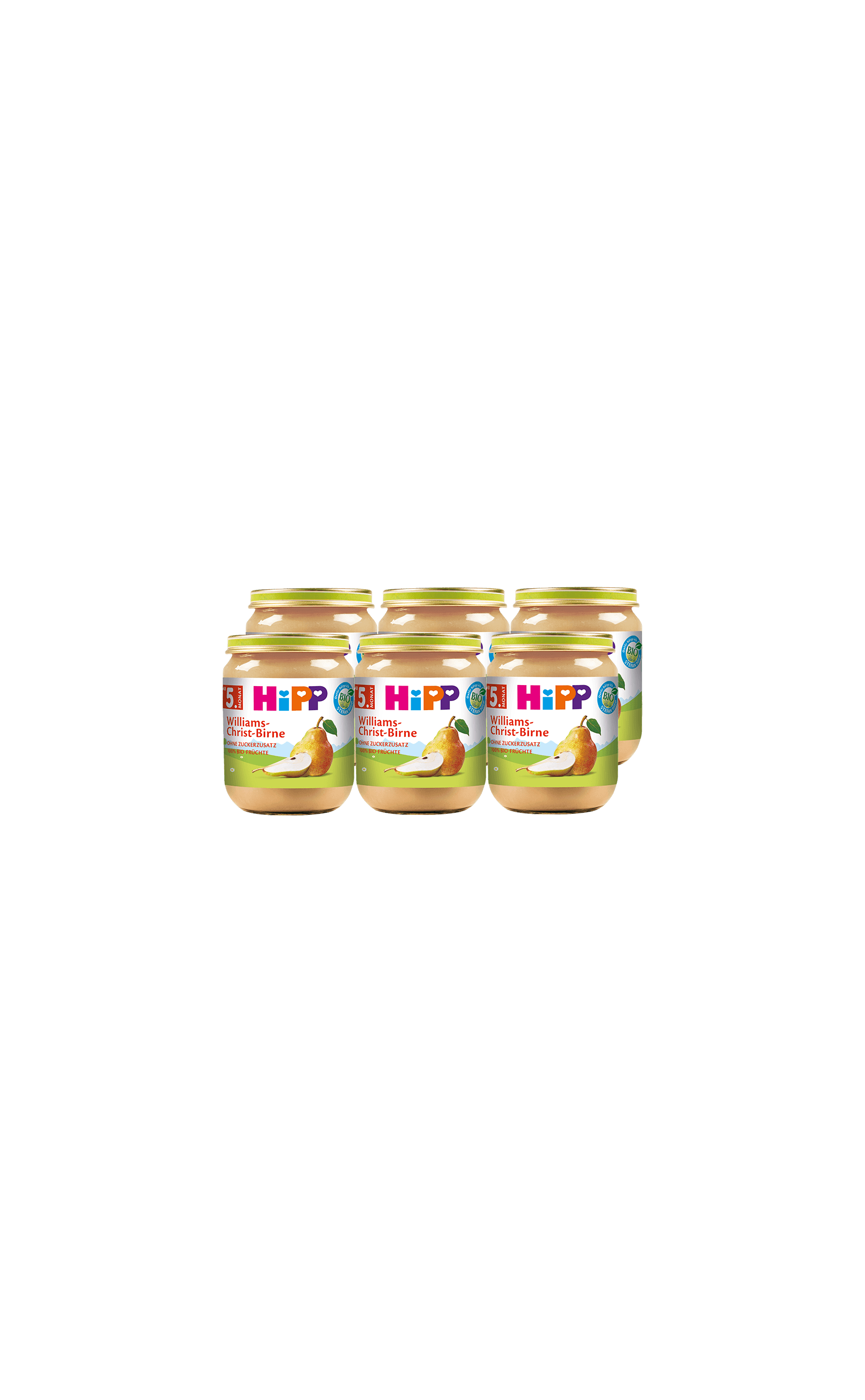 Sechserpack HiPP Williams-Christ-Birne Babygläschen à 125 g, mildes Obstpüree für die schonende Beikosteinführung