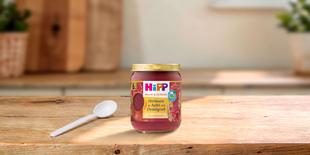 HiPP Bio-Gläschen „Himbeere in Apfel mit Dinkelgrieß“ ab 6. Monat auf Holztisch, daneben ein weißer Babylöffel