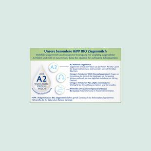 Texttafel mit Informationen zur HiPP Bio Ziegenmilch, darunter Details zu A2 Wohlfühl-Ziegenmilch, Omega-3-Fettsäuren und Nährstoffhinweisen