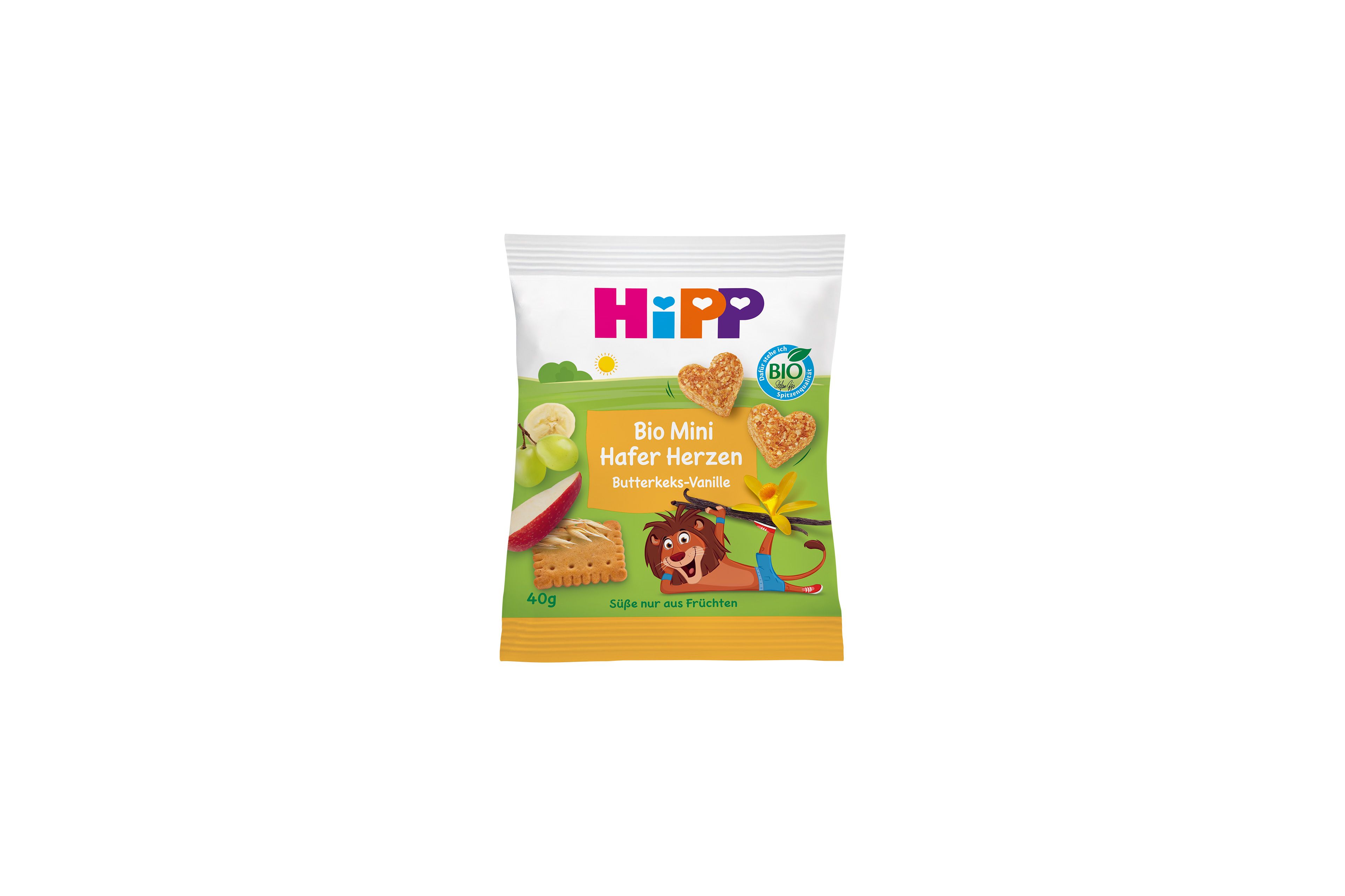 HiPP Bio Mini Hafer Herzen Butterkeks-Vanille Snackpack mit Herz-Haferkeksen, Früchten und Vanillemotiv auf bunter Kinderverpackung