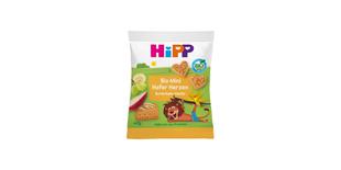 HiPP Bio Mini Hafer Herzen Butterkeks-Vanille Snackpack mit Herz-Haferkeksen, Früchten und Vanillemotiv auf bunter Kinderverpackung