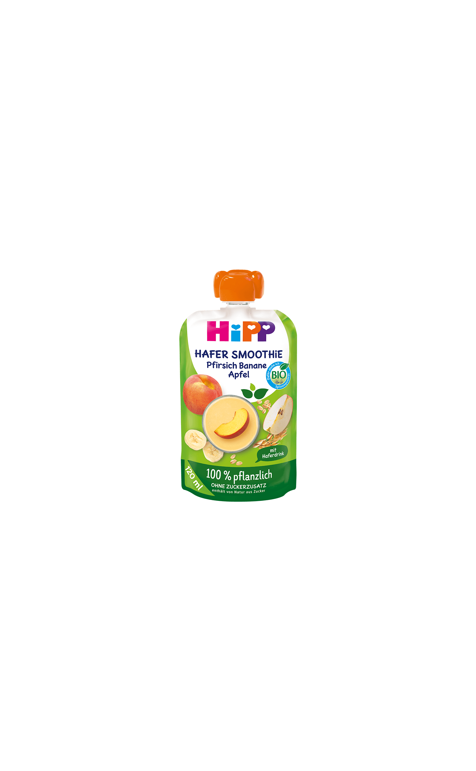 HiPP Hafer Smoothie Quetschbeutel Pfirsich Banane Apfel mit Haferdrink, 100 % pflanzlich, in Bio-Qualität auf weißem Hintergrund