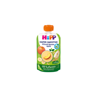 HiPP Hafer Smoothie Quetschbeutel Pfirsich Banane Apfel mit Haferdrink, 100 % pflanzlich, in Bio-Qualität auf weißem Hintergrund