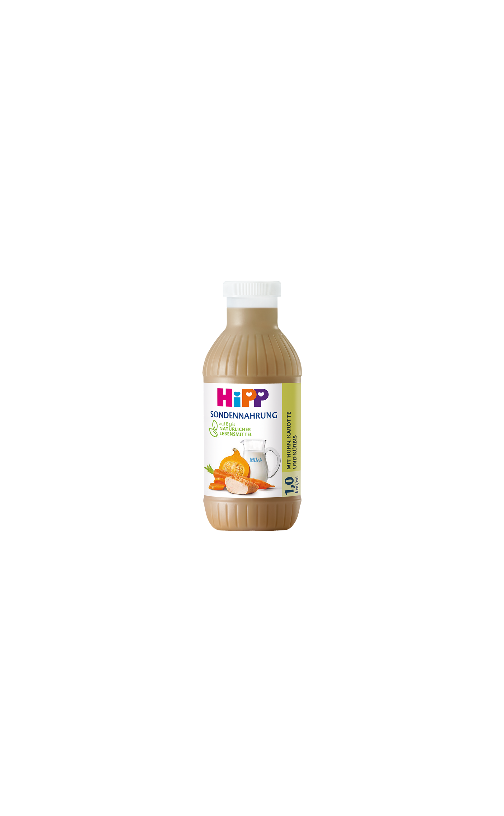 HiPP Sondennahrung 1,0 kcal/ml mit Huhn, Karotte und Kürbis in 500-ml-Flasche vor weißem Hintergrund