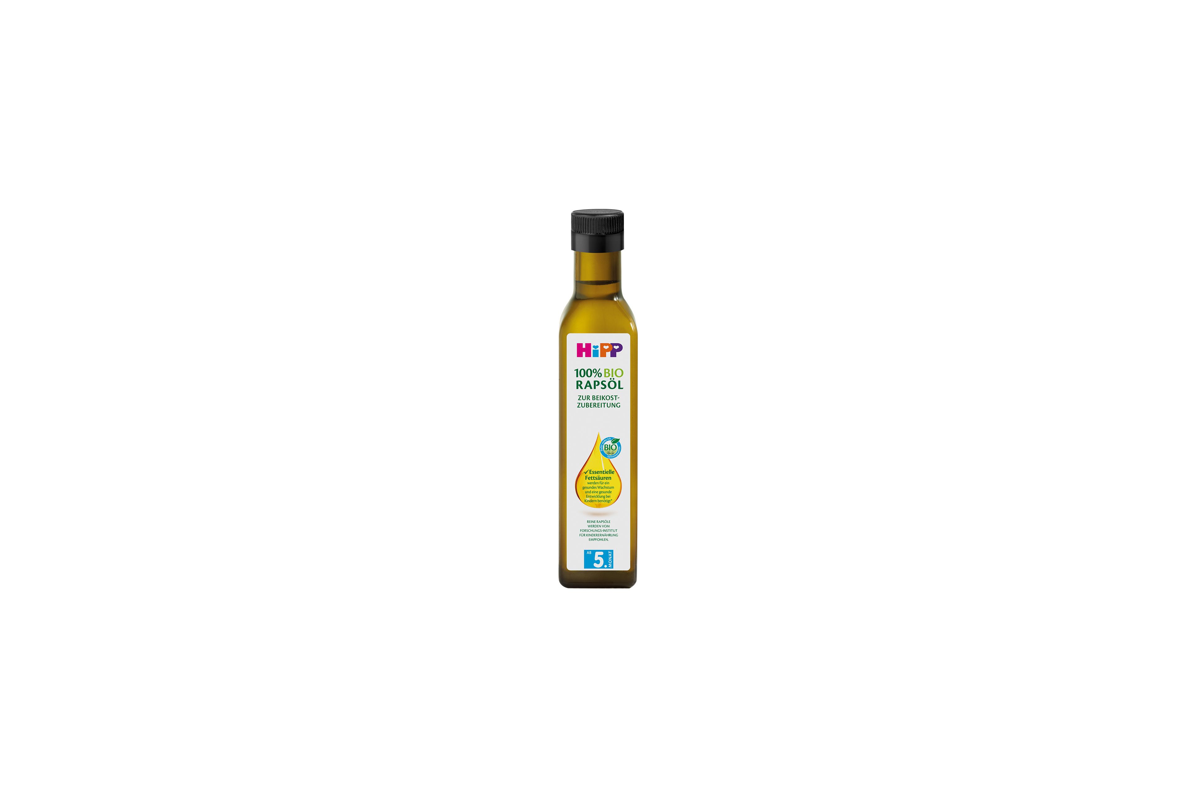 Flasche HiPP 100% Bio Rapsöl für die Beikostzubereitung, freigestellt auf weißem Hintergrund