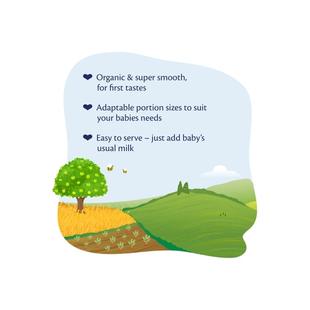 Illustrated countryside scene with text: organic & super smooth, adaptable portions, easy to serve with baby’s usual milk.