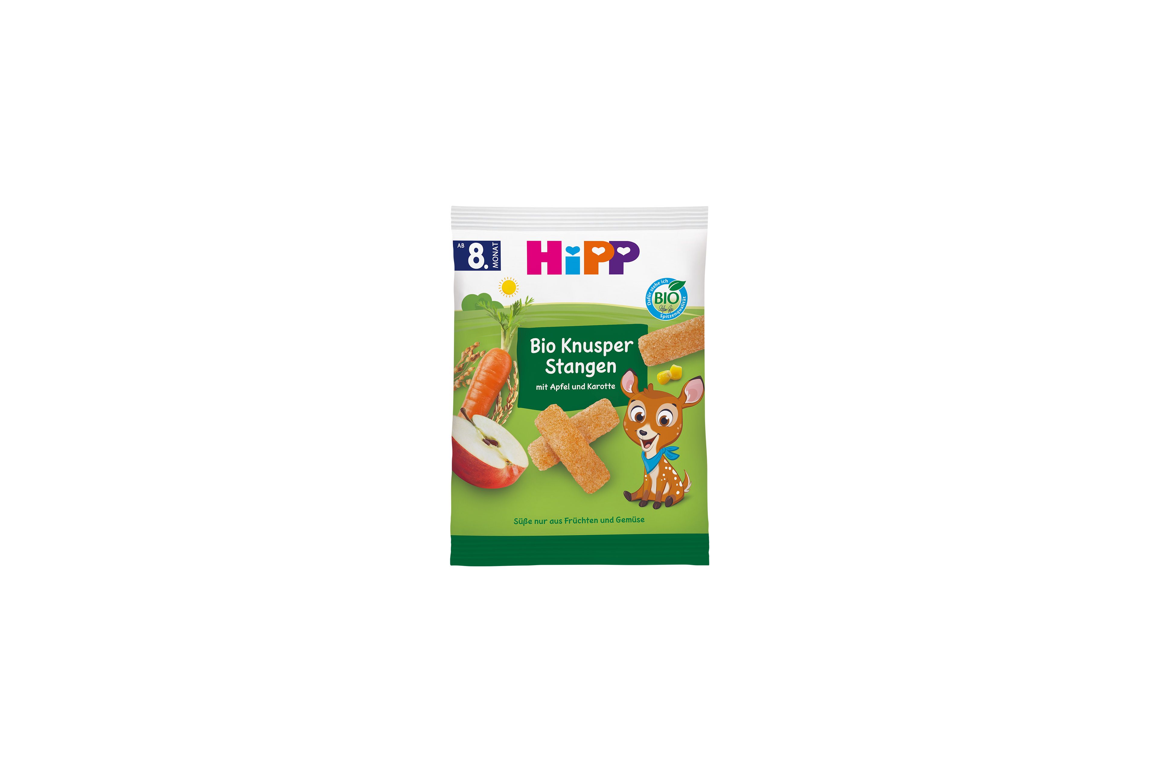 HiPP Bio Knusper Stangen Apfel Karotte Snackpackung mit Getreidestangen, Apfel-, Karottenmotiv und Rehkitz-Illustration
