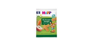 HiPP Bio Knusper Stangen Apfel Karotte Snackpackung mit Getreidestangen, Apfel-, Karottenmotiv und Rehkitz-Illustration