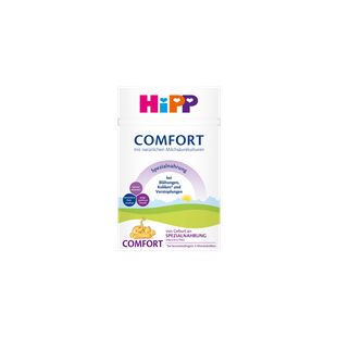 HiPP Comfort Spezialnahrung 600g Packung gegen Blähungen, Koliken und Verstopfung auf schwarzem Hintergrund