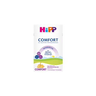HiPP Comfort Spezialnahrung Packung für Babys bei Blähungen, Koliken und Verstopfung auf weißem Hintergrund