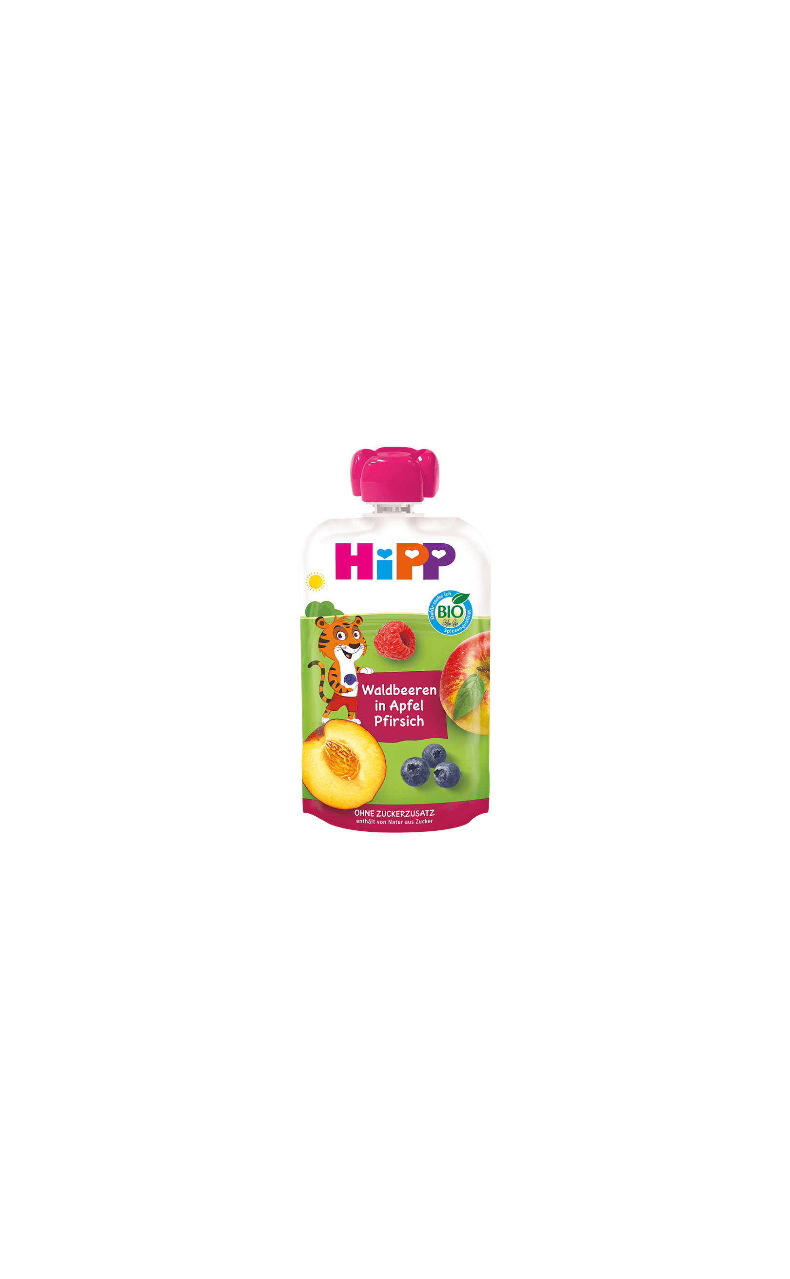 HiPP Bio-Quetschbeutel Waldbeeren in Apfel Pfirsich, 100% Fruchtpüree ohne Zuckerzusatz, bunter Beutel mit Tiger-Motiv