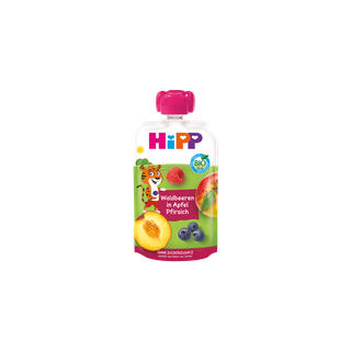 HiPP Bio-Quetschbeutel Waldbeeren in Apfel Pfirsich, 100% Fruchtpüree ohne Zuckerzusatz, bunter Beutel mit Tiger-Motiv