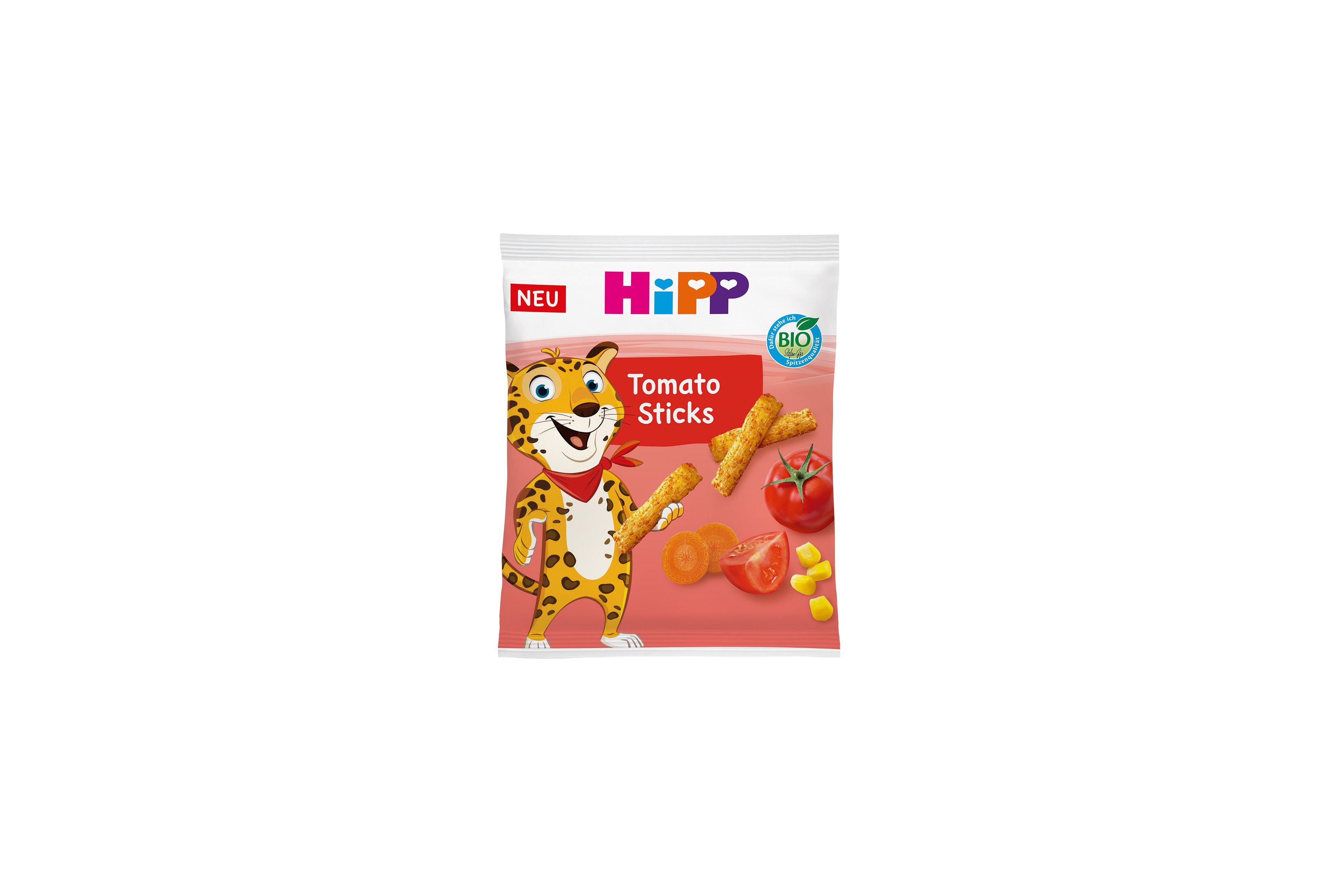 Packung HiPP Bio Tomato Sticks mit knusprigen Sticks, Tomaten und Leopardenfigur