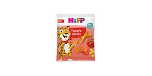 Packung HiPP Bio Tomato Sticks mit knusprigen Sticks, Tomaten und Leopardenfigur