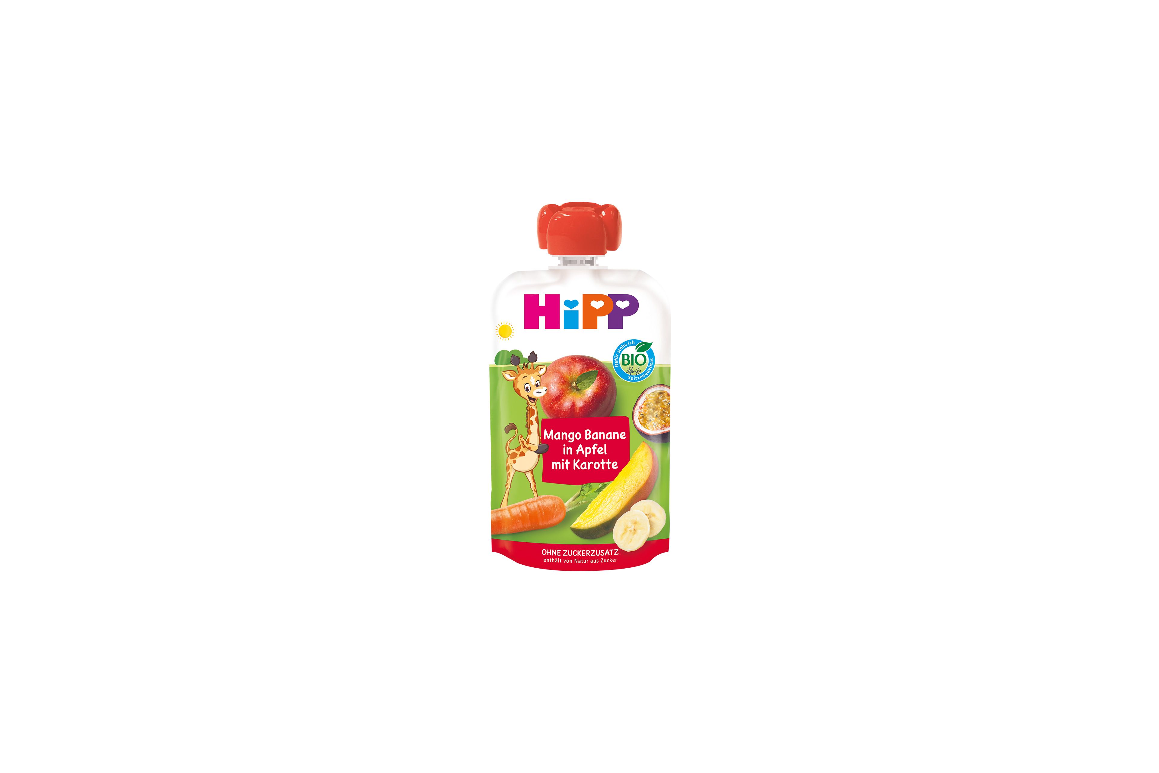 HiPP Bio Quetschie Mango Banane in Apfel mit Karotte im Beutel mit rotem Verschluss auf weißem Hintergrund