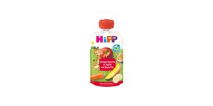 HiPP Bio Quetschie Mango Banane in Apfel mit Karotte im Beutel mit rotem Verschluss auf weißem Hintergrund