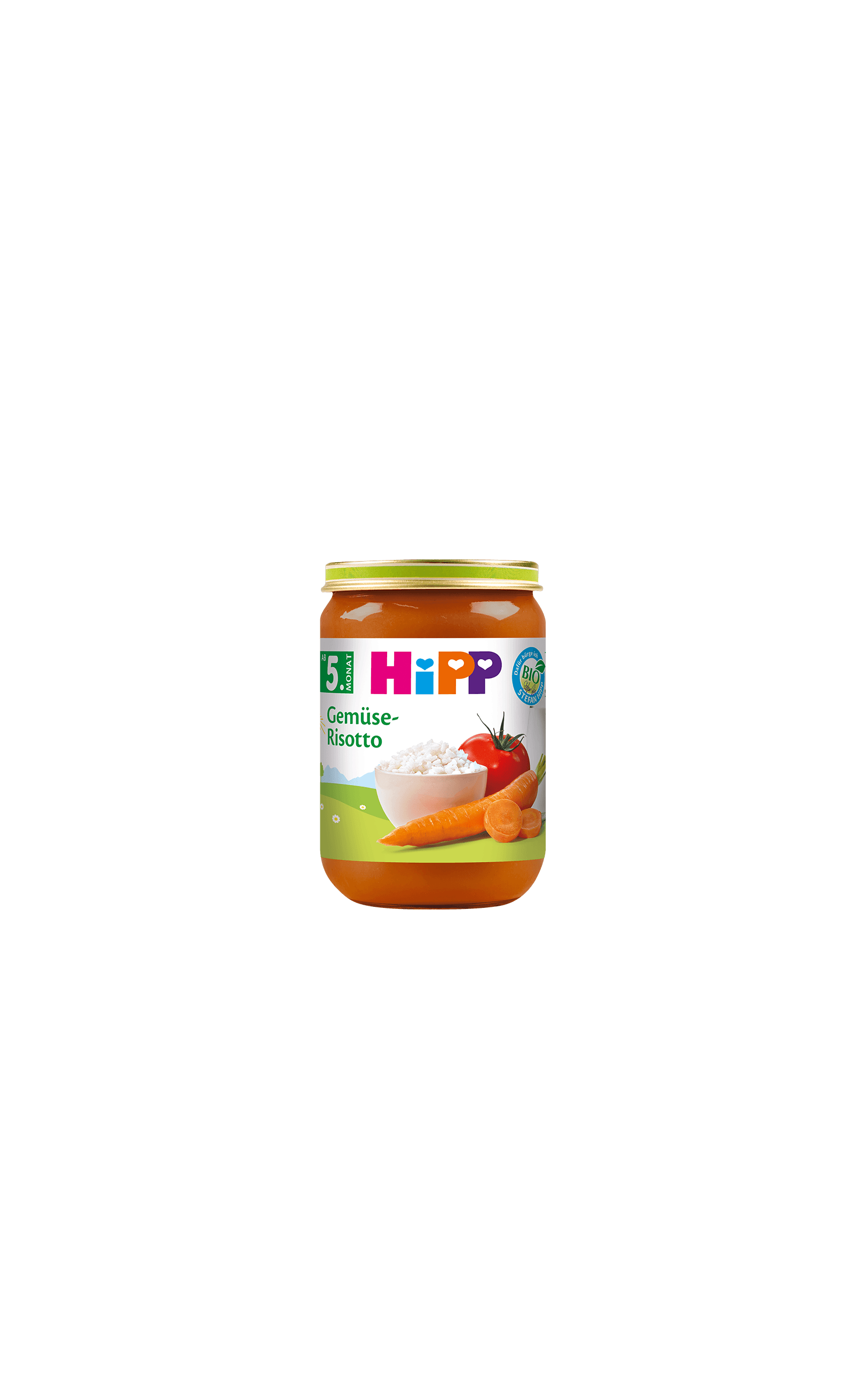 HiPP Gemüse-Risotto Bio-Gemüsebrei im 190g-Glas für Babys ab dem 5. Monat, mit Karotte, Tomate und Reis auf dem Etikett