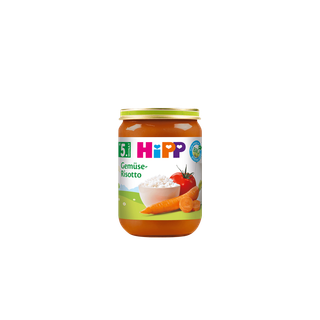 HiPP Gemüse-Risotto Bio-Gemüsebrei im 190g-Glas für Babys ab dem 5. Monat, mit Karotte, Tomate und Reis auf dem Etikett