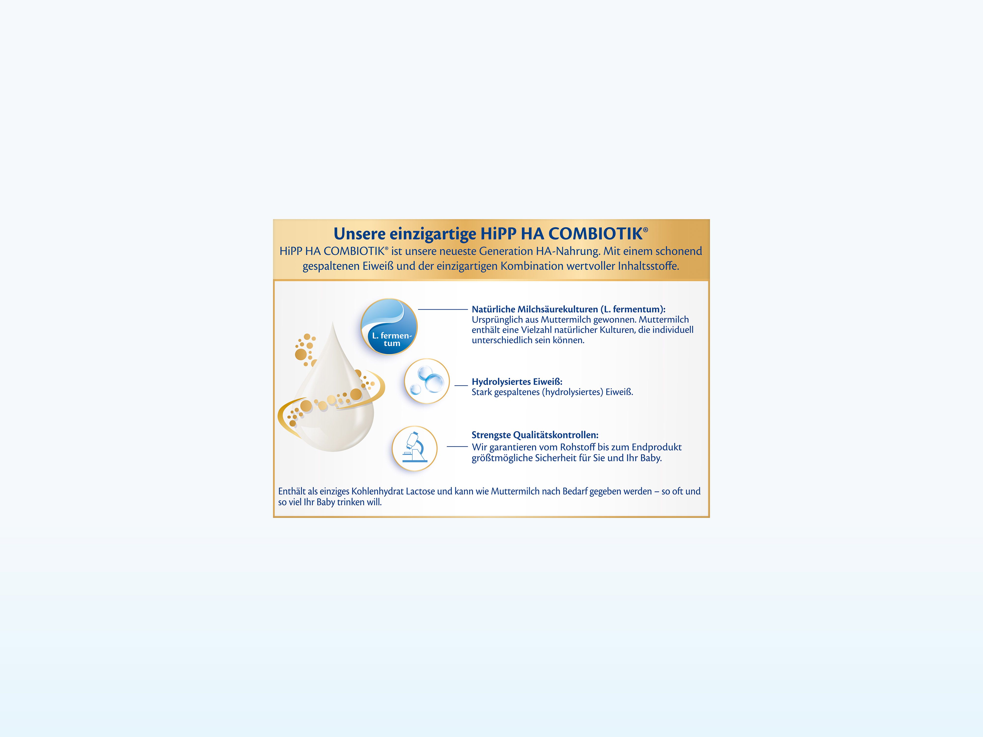 Infografik zur Zusammensetzung von HiPP HA COMBIOTIK mit Erläuterungen zu L. fermentum, hydrolysiertem Eiweiß und strengen Qualitätskontrollen