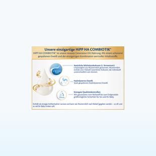 Infografik zur Zusammensetzung von HiPP HA COMBIOTIK mit Erläuterungen zu L. fermentum, hydrolysiertem Eiweiß und strengen Qualitätskontrollen