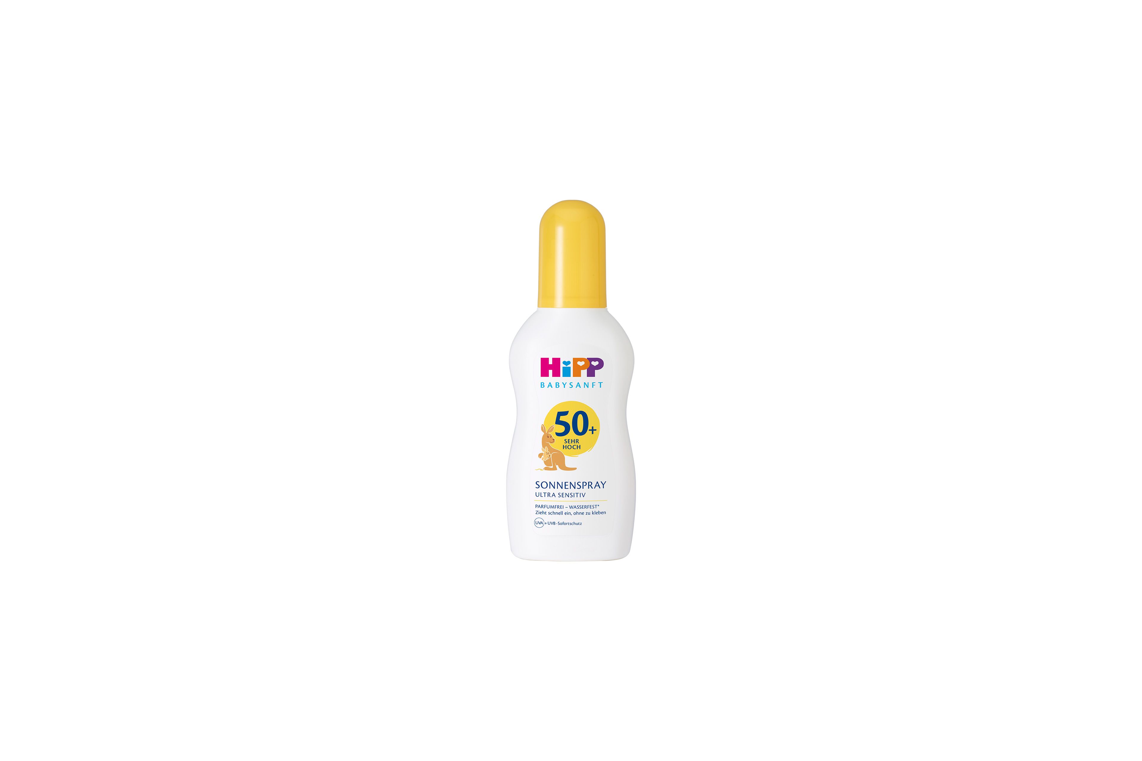 HiPP Babysanft Sonne Sonnenspray LSF 50+ für sensible Baby- und Kinderhaut in weißer Flasche mit gelbem Sprühkopf