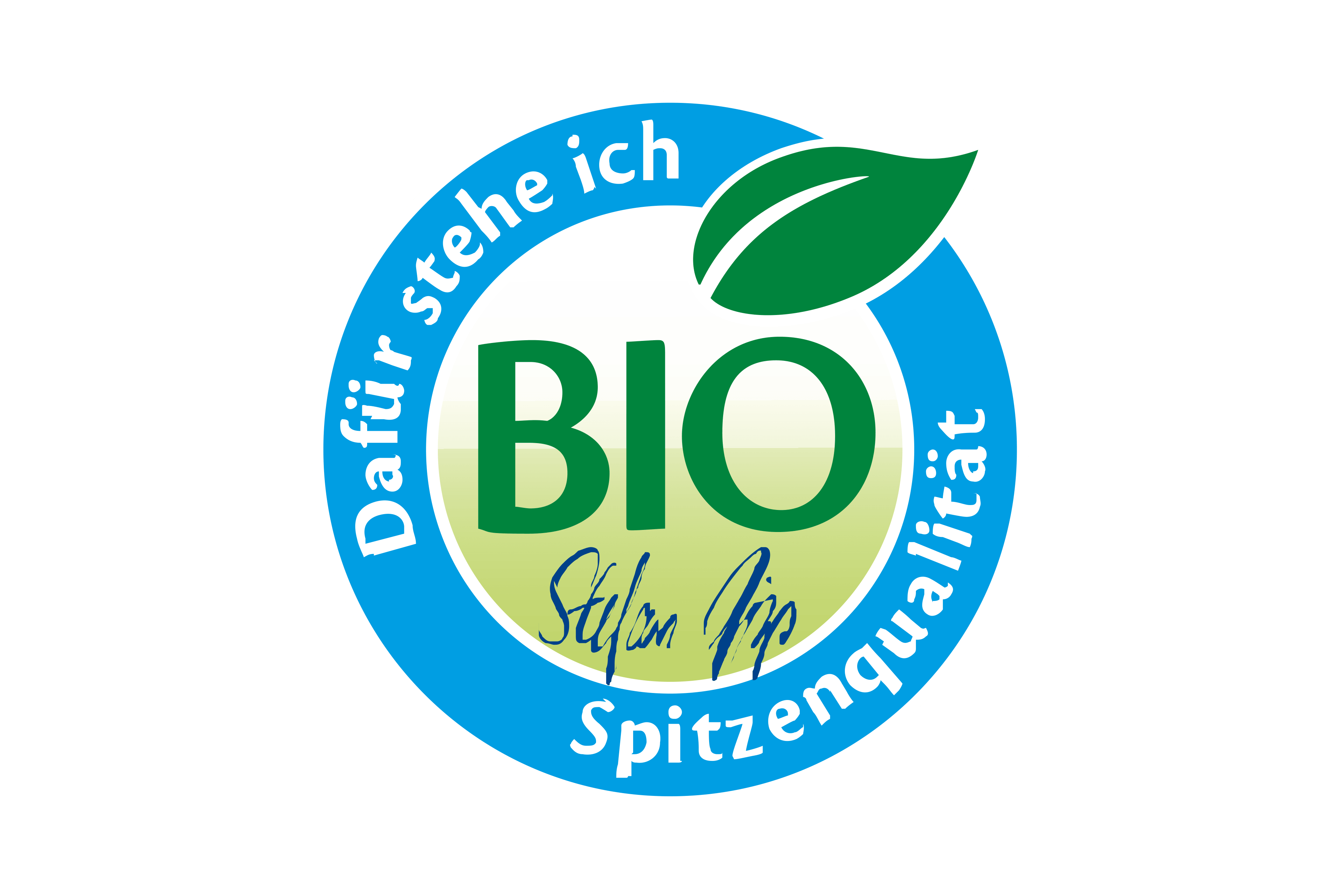 Ein blaues, kreisförmiges Logo mit dem Text "BIO" in der Mitte, umgeben von einem grünen Blatt und dem deutschen Text "Dafür stehe ich" oben und "Spitzenqualität" unten.