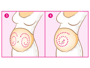 Eine Reihe von gepunkteten Linien auf einem schwangeren Bauch mit kreisförmig angeordneten Pfeilen, die eine bestimmte Bewegung während der Schwangerschaft darstellen.