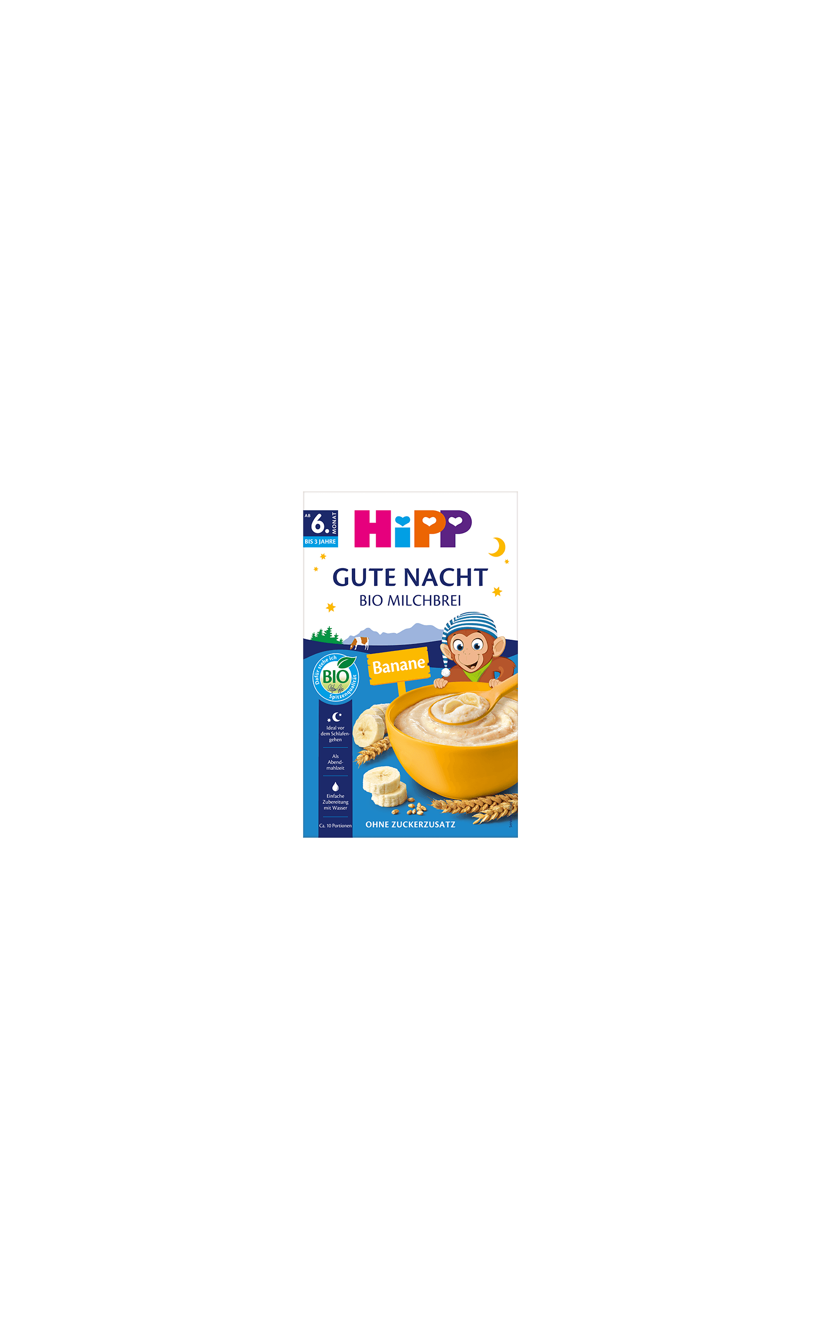 HiPP Gute Nacht Bio Milchbrei Banane Packung mit Schüssel Brei, Bananenscheiben und Getreideähren auf blauem Hintergrund