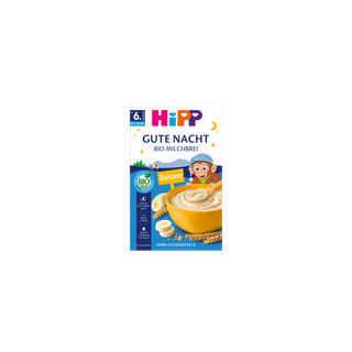 HiPP Gute Nacht Bio Milchbrei Banane Packung mit Schüssel Brei, Bananenscheiben und Getreideähren auf blauem Hintergrund