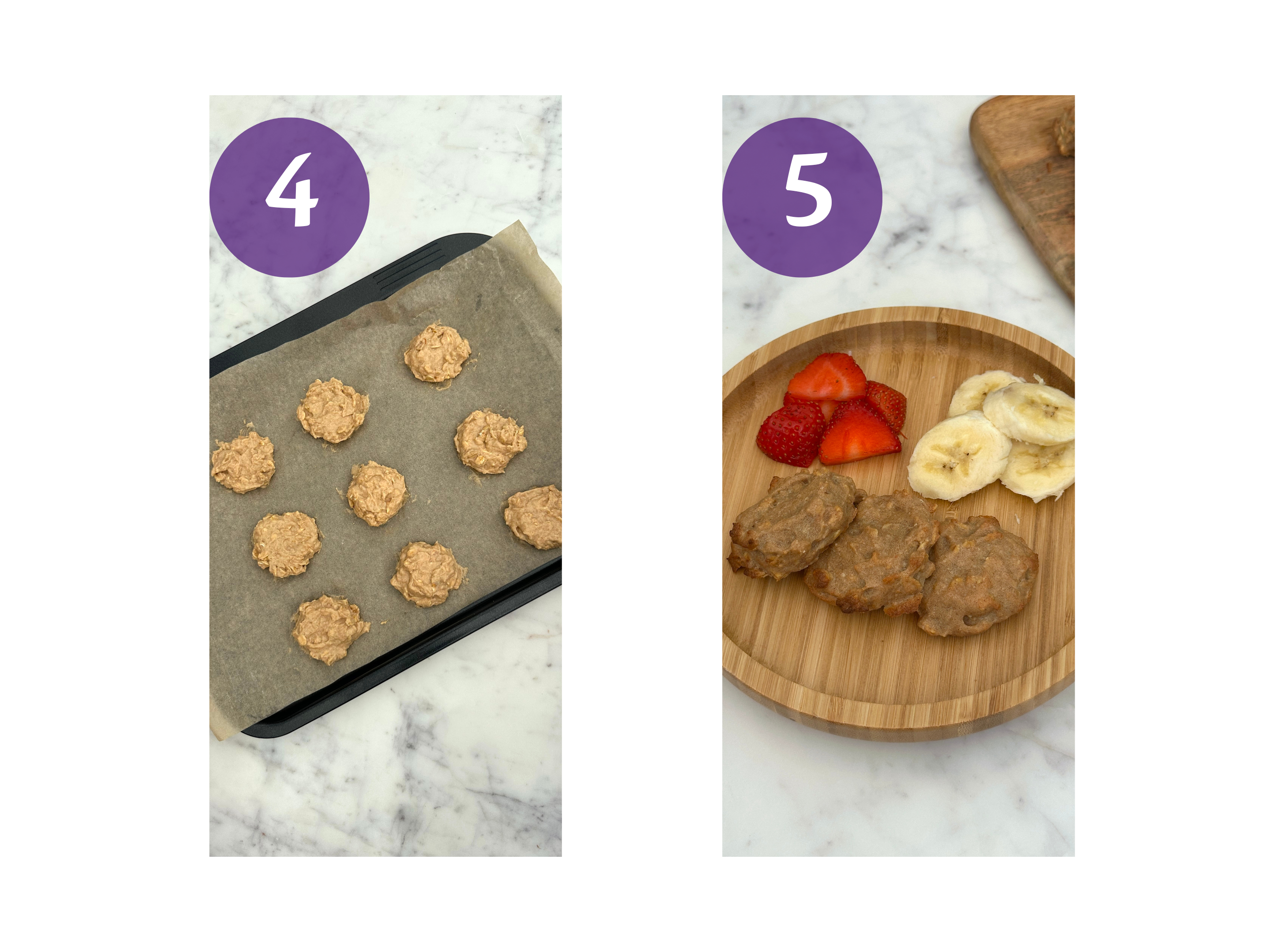Step-by-step collage showing banana and blueberry chewy biscuits on a tray before baking and served with sliced fruit on a wooden plate.
