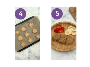 Step-by-step collage showing banana and blueberry chewy biscuits on a tray before baking and served with sliced fruit on a wooden plate.