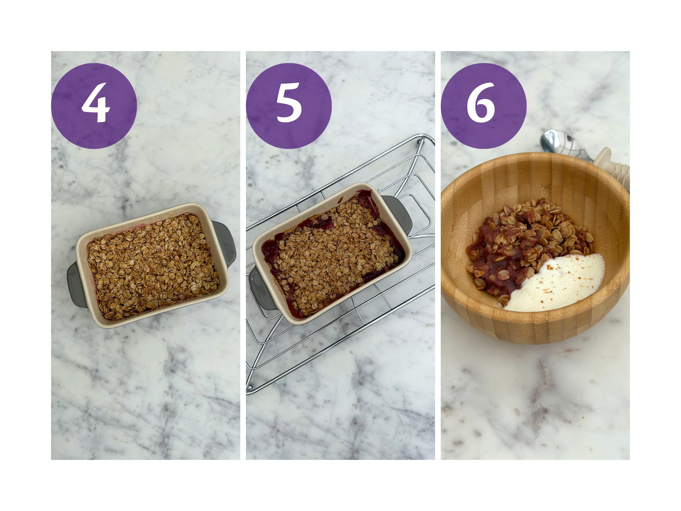 Steps 4–6 of apple, blueberry and pear oat crumble: baked in a dish, cooling on a rack, then served in a small bowl with yoghurt.