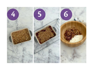 Steps 4–6 of apple, blueberry and pear oat crumble: baked in a dish, cooling on a rack, then served in a small bowl with yoghurt.