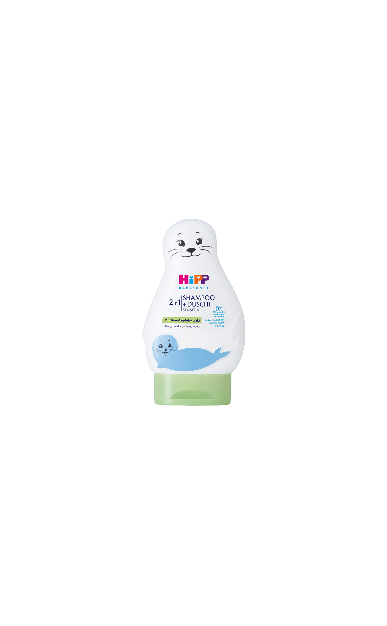 HiPP Babysanft 2in1 Shampoo + Dusche sensitiv 200ml in weißer Flasche mit Seehund-Motiv und grünem Klappverschluss