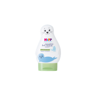 HiPP Babysanft 2in1 Shampoo + Dusche Sensitiv in weißer Seehund-Flasche mit grünem Verschluss auf schwarzem Hintergrund
