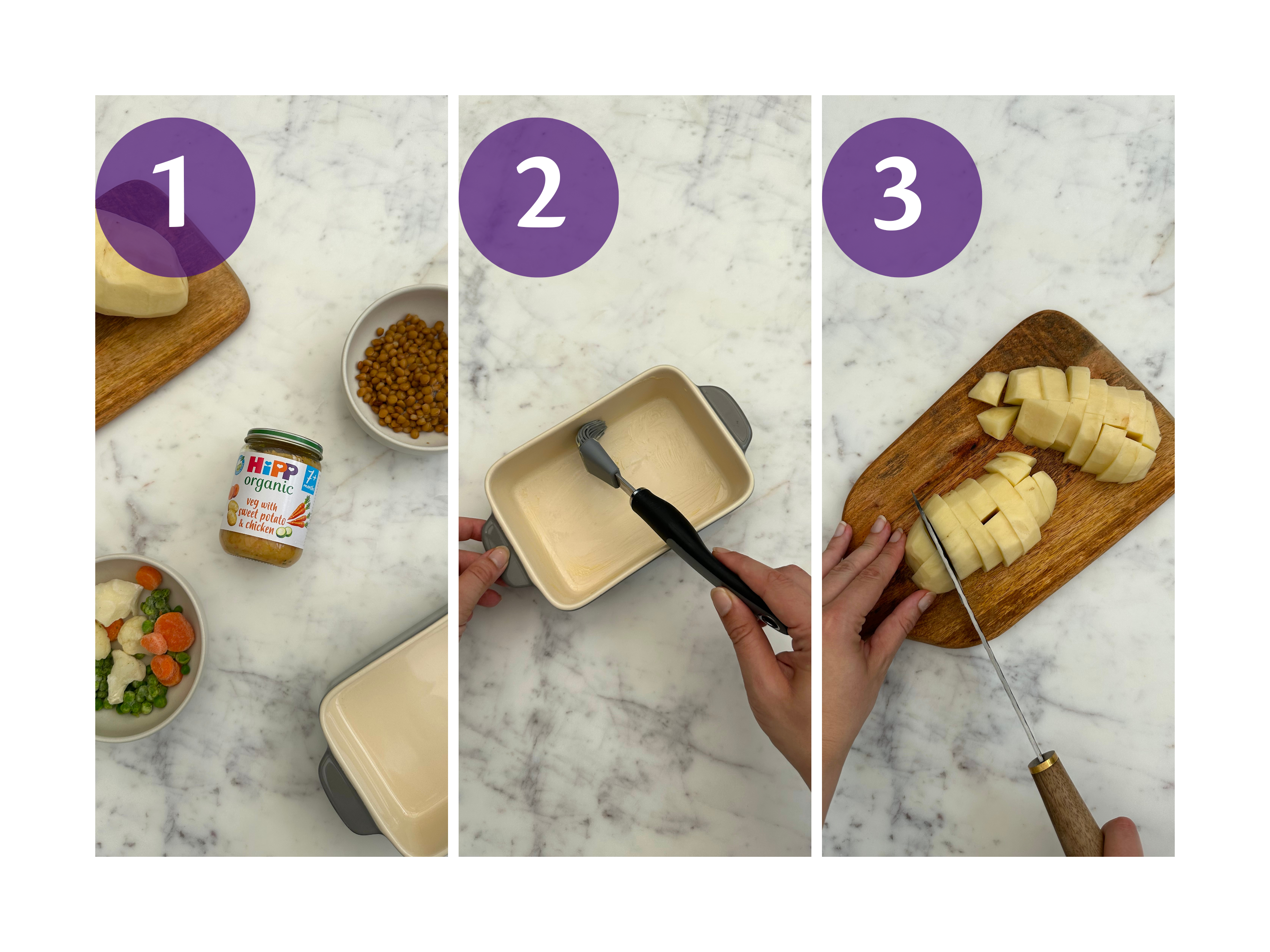 Step-by-step prep for mini chicken and lentil mash bake, showing HiPP Organic jar, greased oven dish and chopped potato.