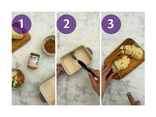 Step-by-step prep for mini chicken and lentil mash bake, showing HiPP Organic jar, greased oven dish and chopped potato.