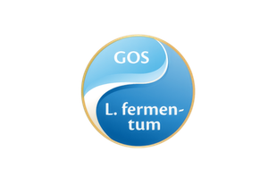 Kreisförmiges Symbol mit den Worten 'GOS' und 'L. fermentum' in zwei hellen Blautönen