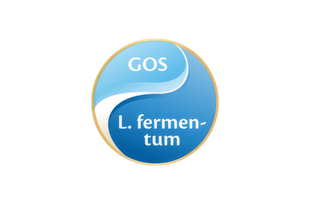 Kreisförmiges Symbol mit den Worten 'GOS' und 'L. fermentum' in zwei hellen Blautönen