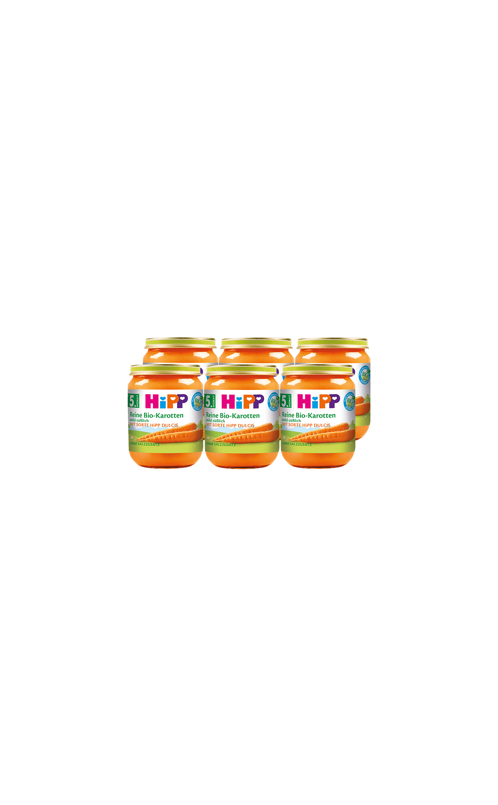 Sechserpack HiPP Reine Bio-Karotten Babygläschen à 125 g vor schwarzem Hintergrund