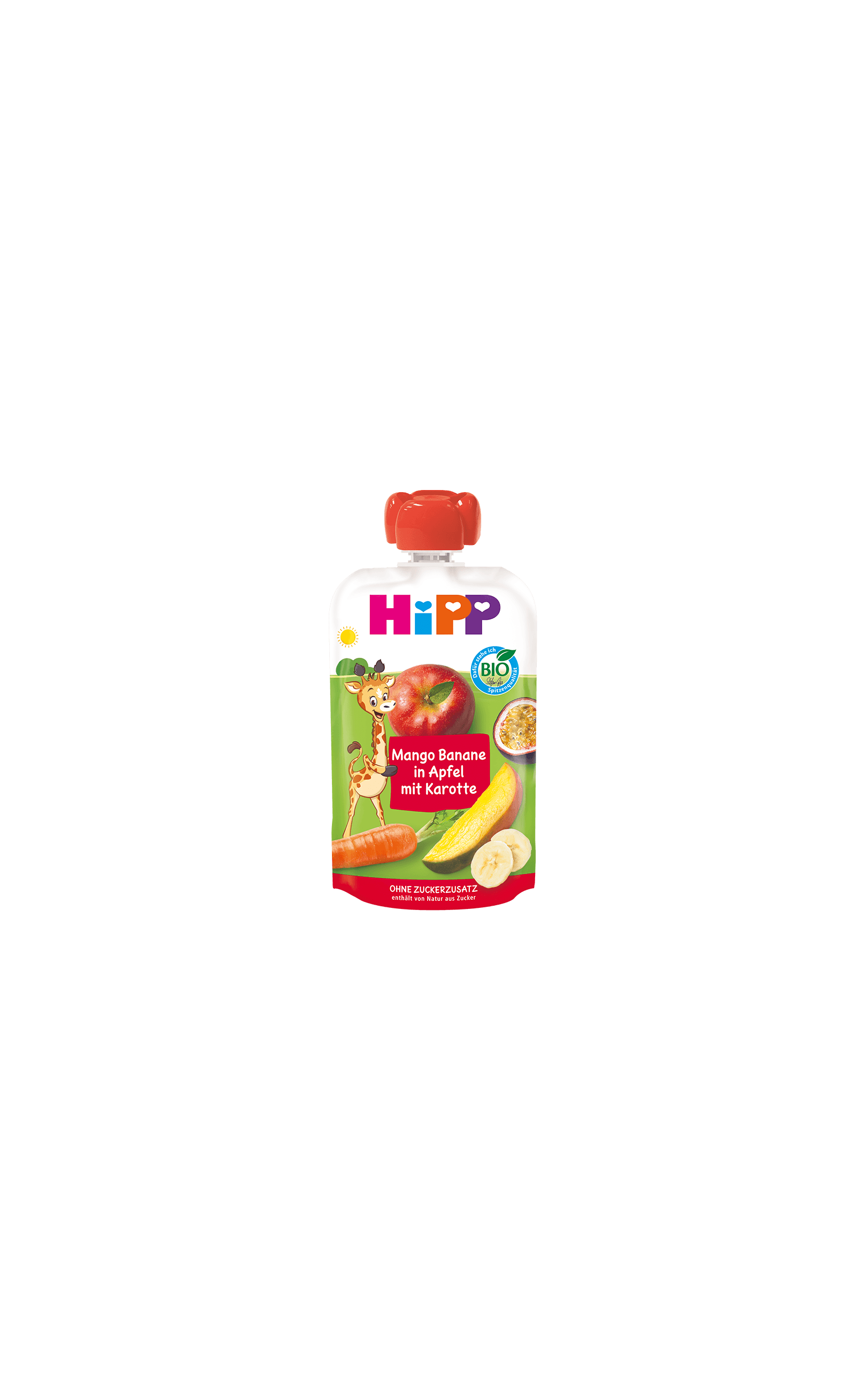 HiPP Bio Quetschie Mango Banane in Apfel mit Karotte im Beutel mit rotem Verschluss auf weißem Hintergrund